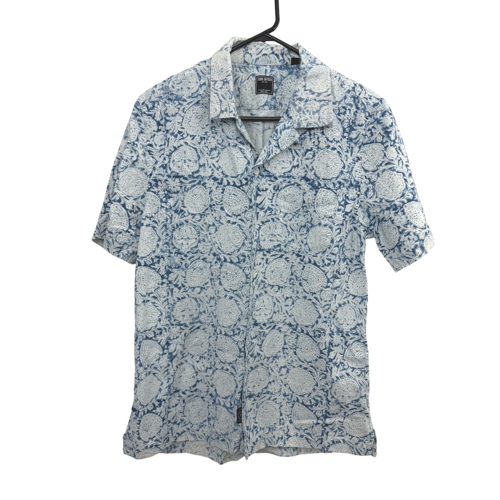 Todd Snyder Shirt Mens Medium Blue Block Print Floral Camp Collar Short Sleeve
